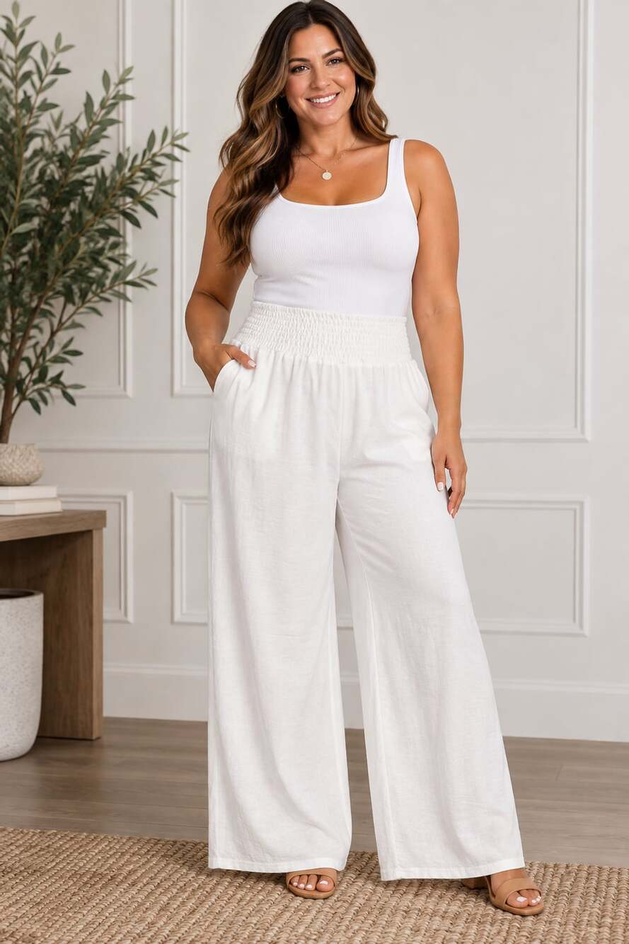 NWT Elizabeth & Nicole Wide Leg Pants Size XL White Smocked Waist